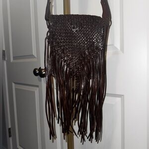 Vintage Handmade Braided Fringe Crossbody Bag - Brown Leather with gold hardware
